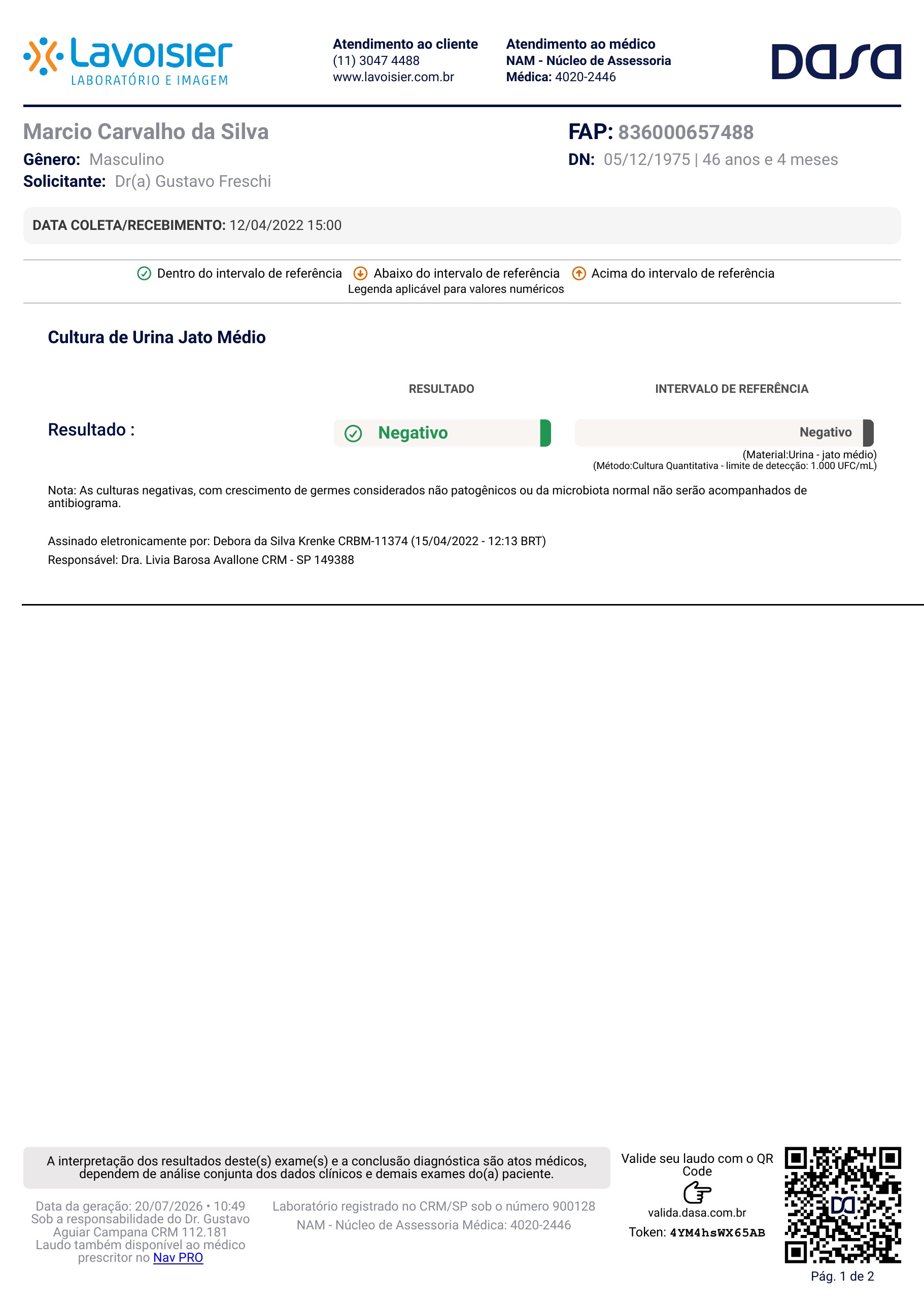 Pagina 1 de 2 do laudo Laudo laboratorial completo