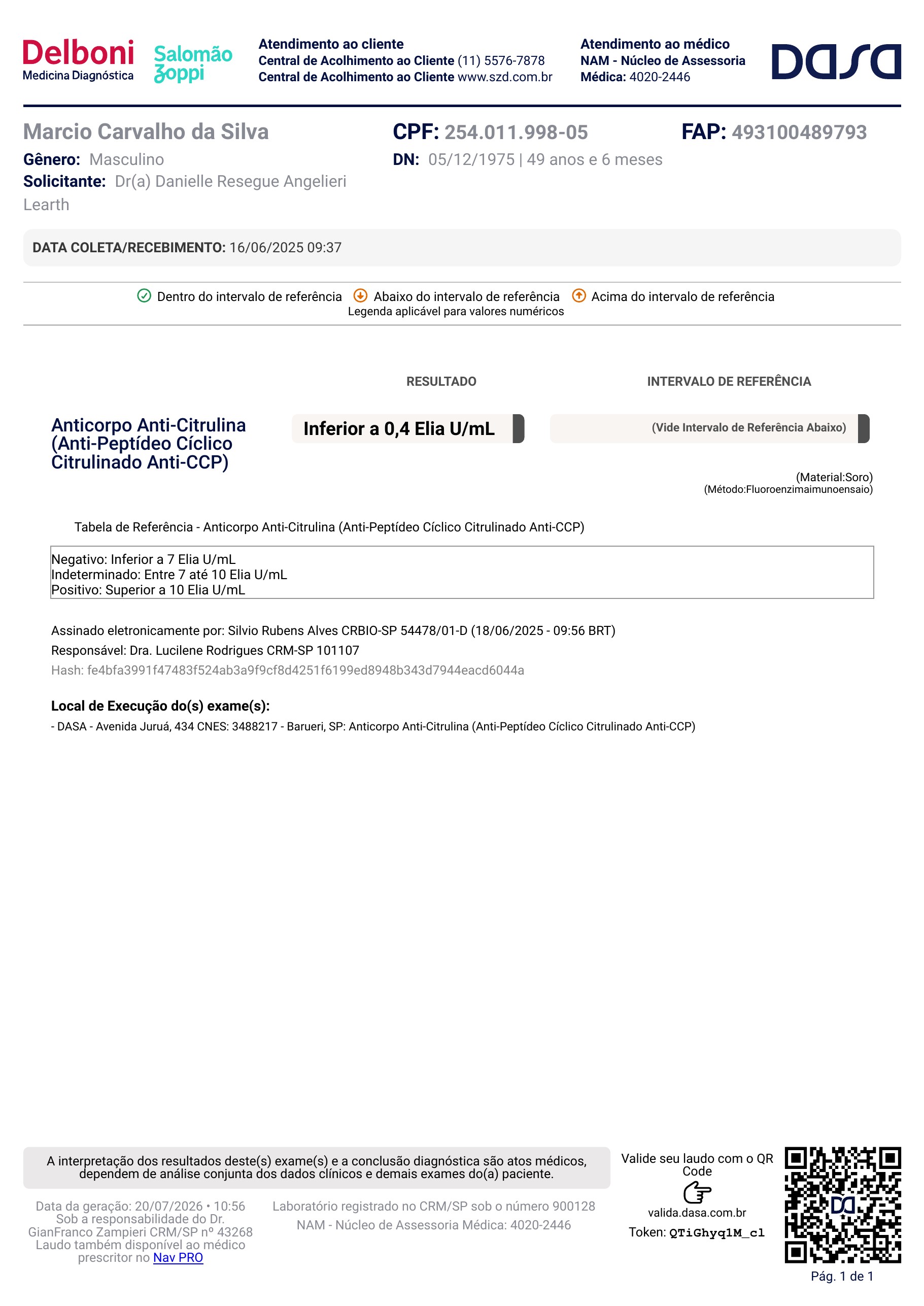 Pagina 1 de 1 do laudo Laudo laboratorial completo