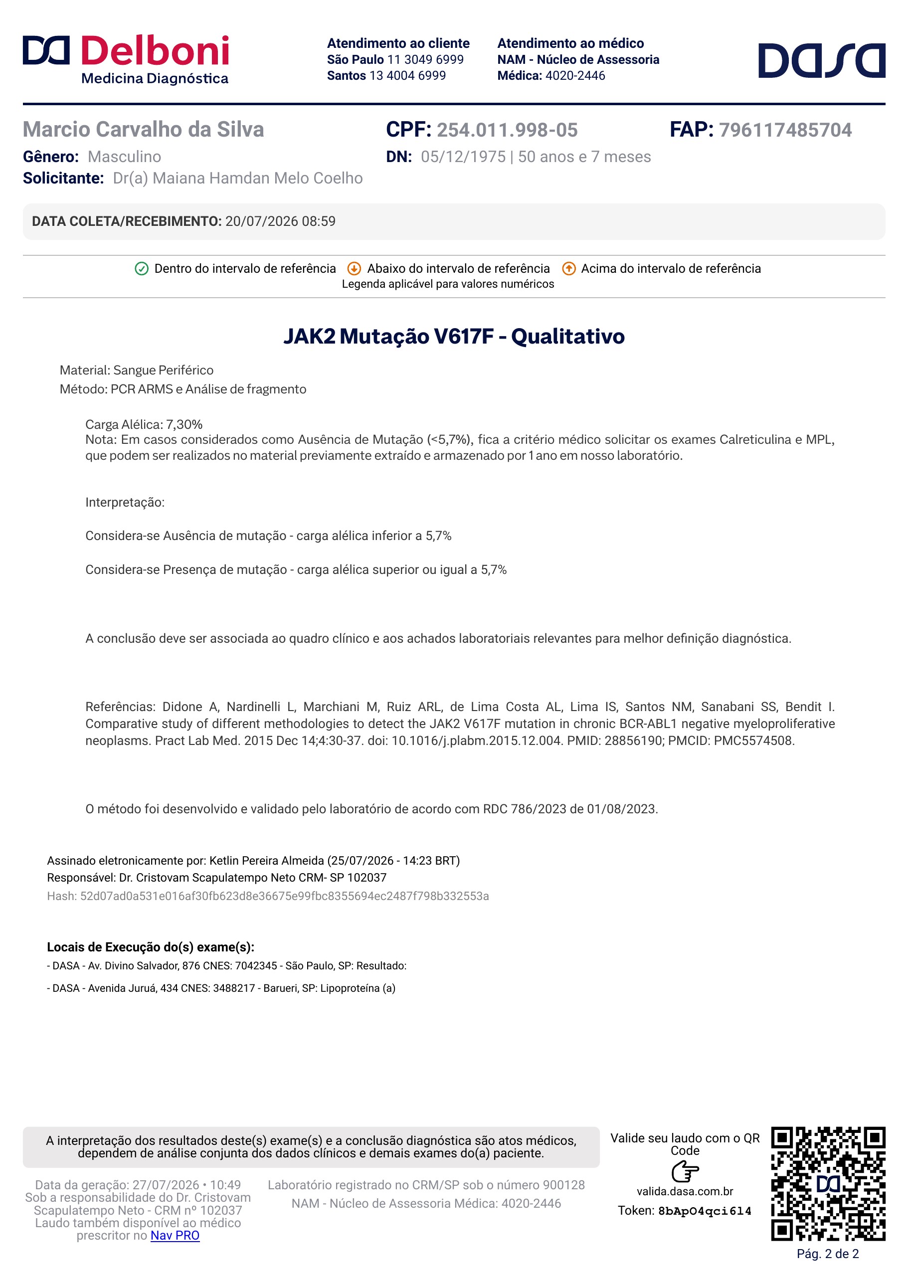 Pagina 1 de 1 do laudo Exame molecular JAK2 V617F