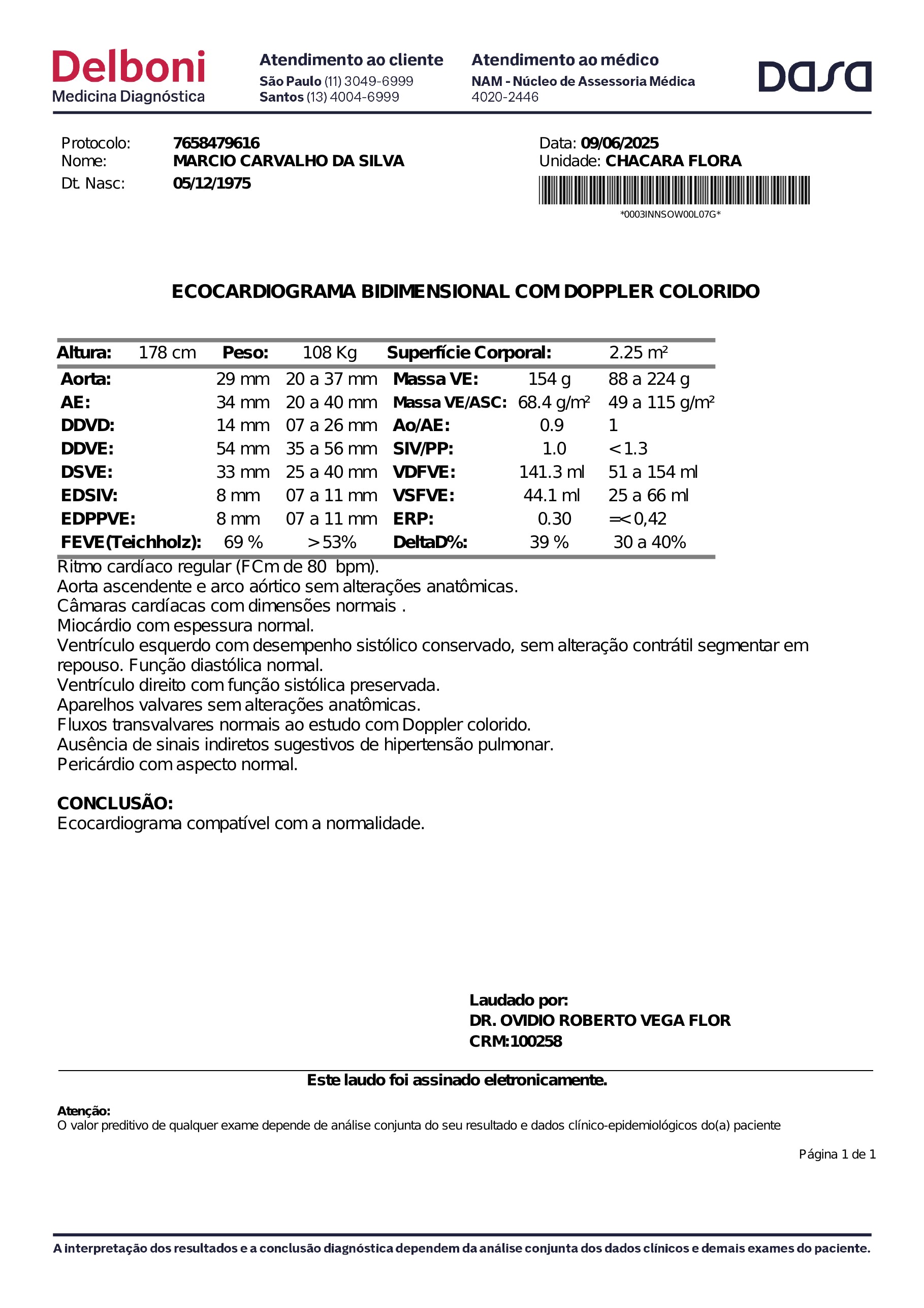 Pagina 1 de 1 do laudo Ecocardiograma com Doppler