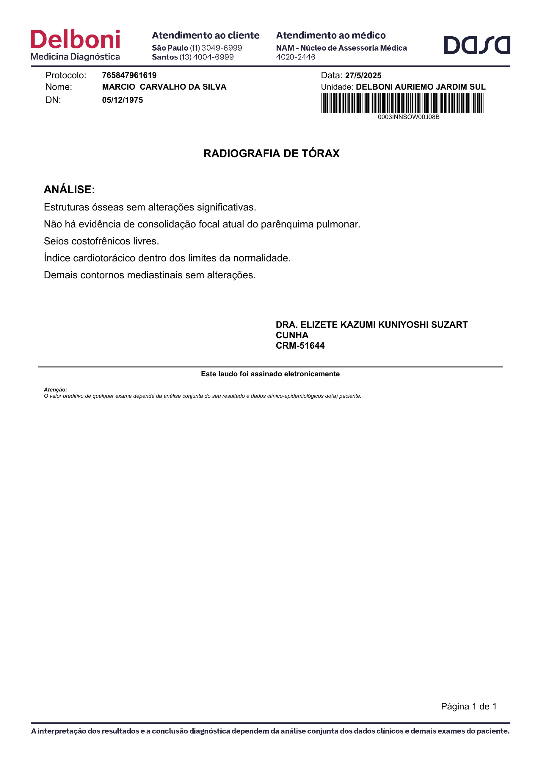 Pagina 1 de 1 do laudo Radiografia de torax