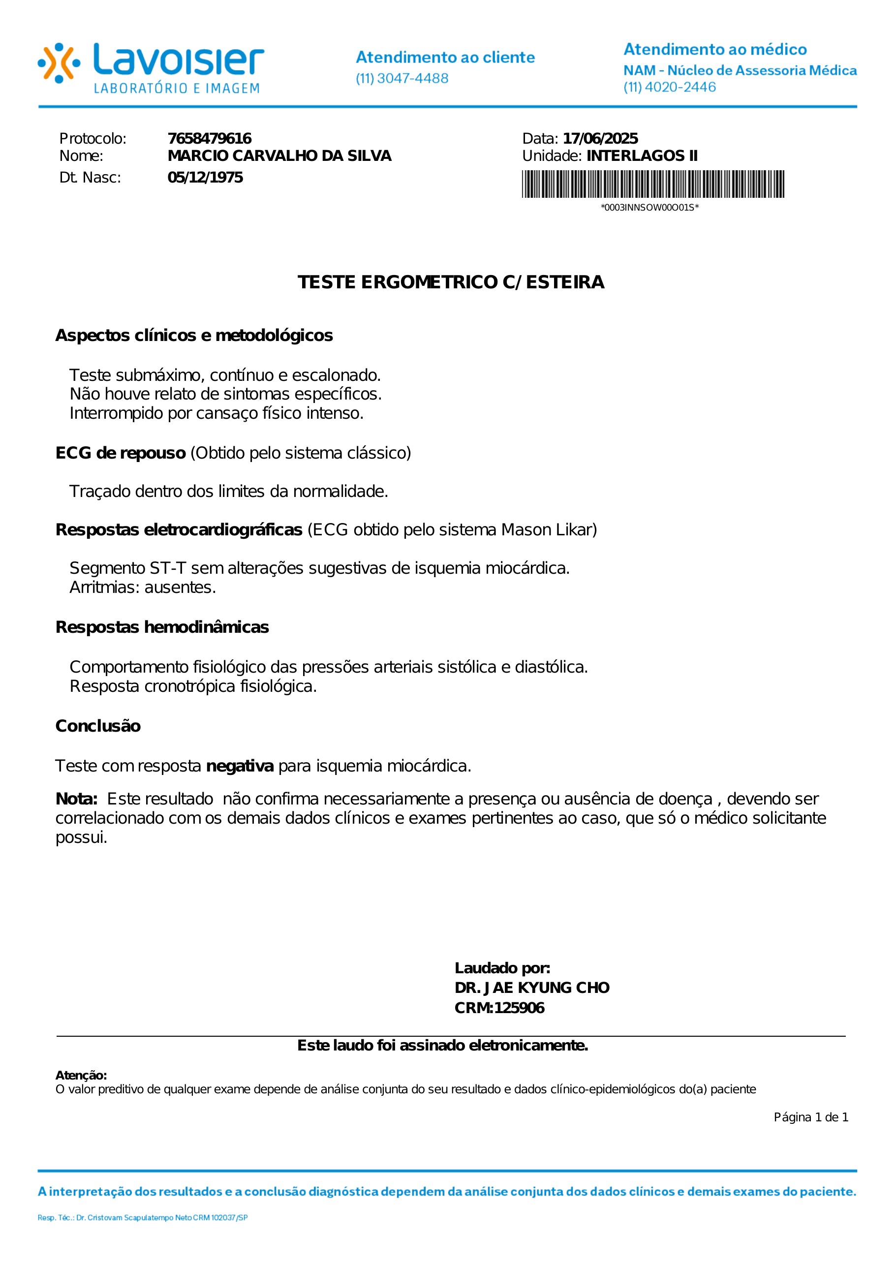 Pagina 1 de 10 do laudo Teste ergometrico em esteira