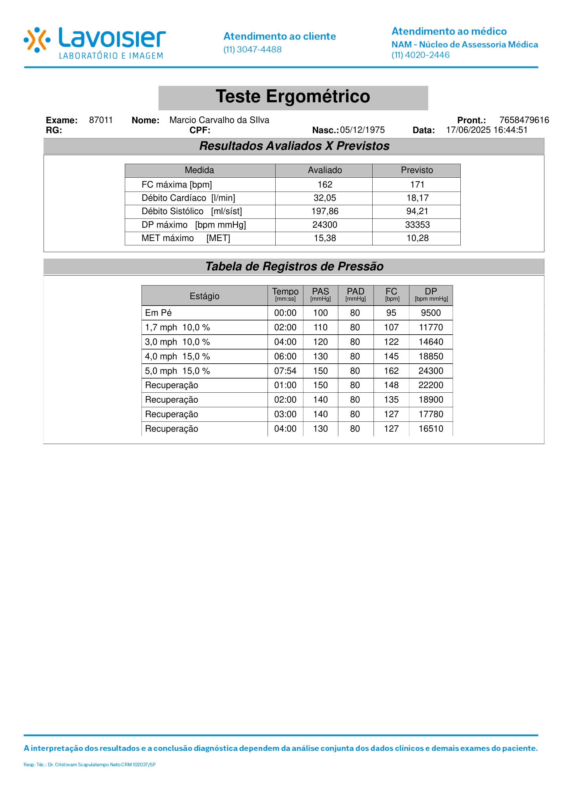 Pagina 3 de 10 do laudo Teste ergometrico em esteira