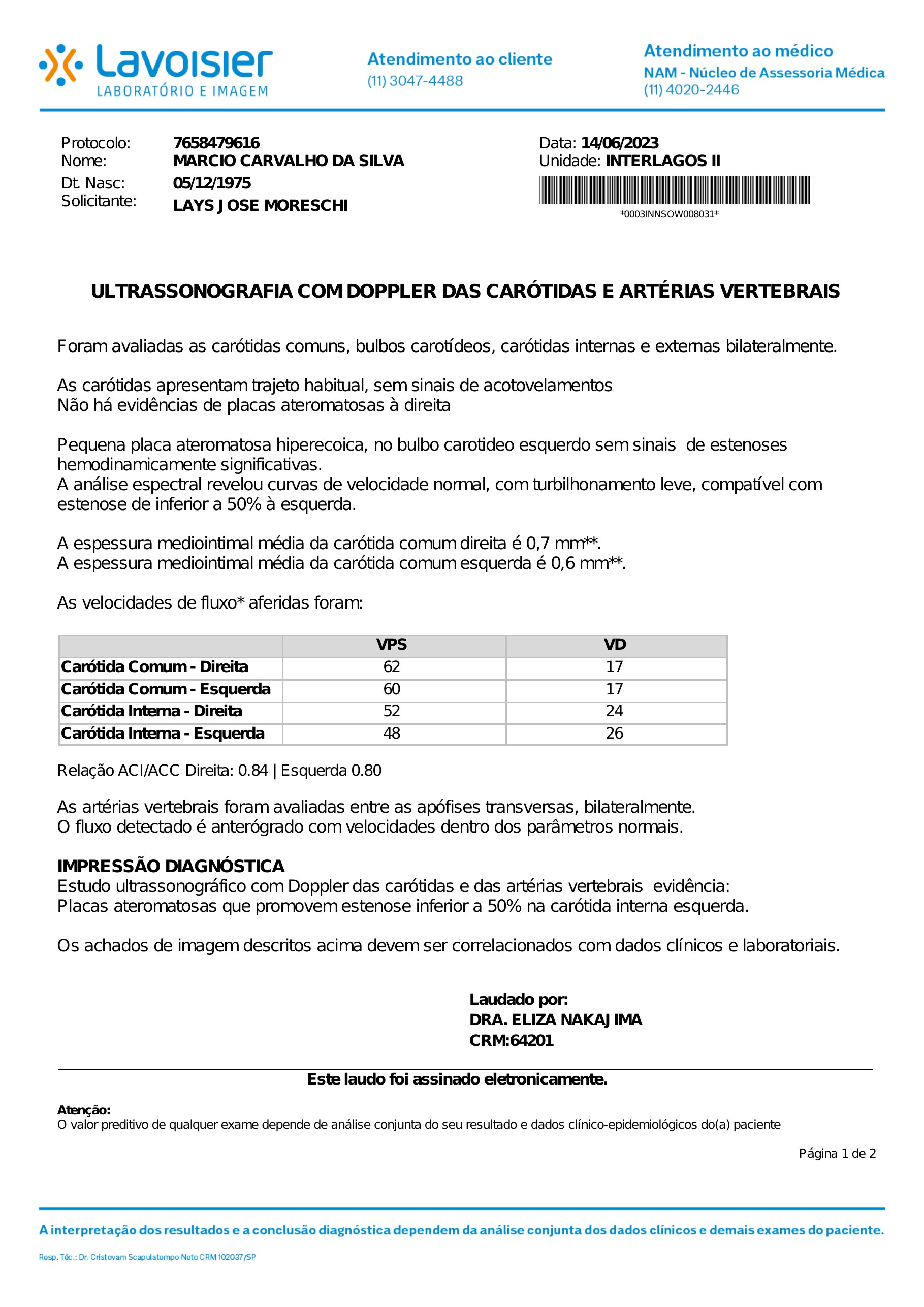 Pagina 1 de 2 do laudo Ultrassonografia com Doppler de carotidas e arterias vertebrais