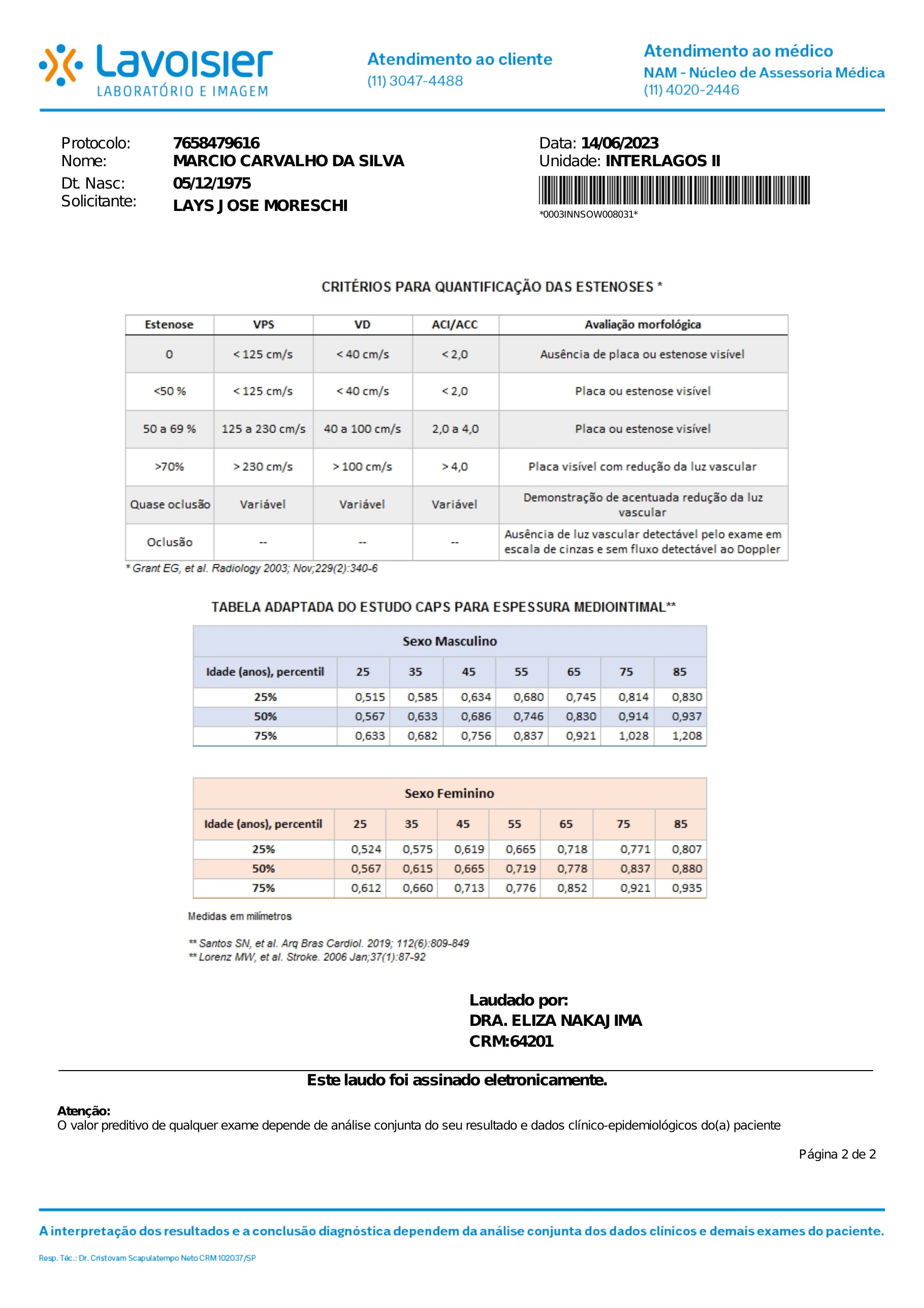 Pagina 2 de 2 do laudo Ultrassonografia com Doppler de carotidas e arterias vertebrais
