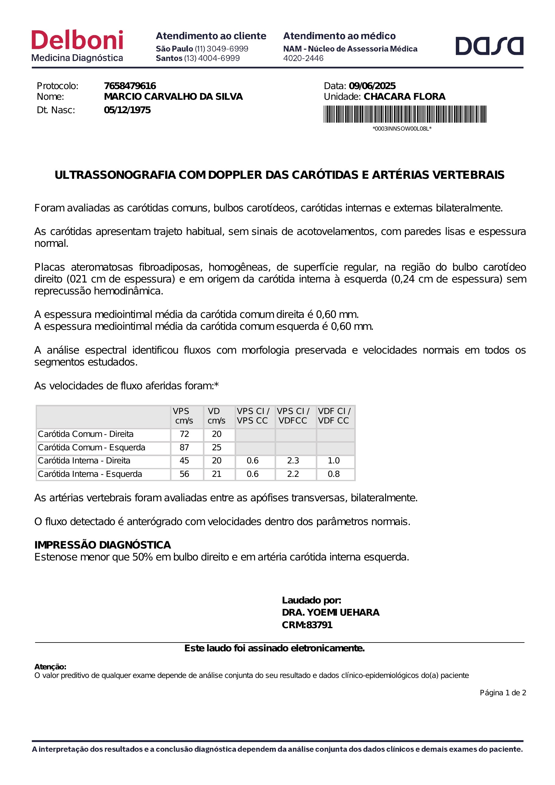 Pagina 1 de 2 do laudo Ultrassonografia com Doppler de carotidas e arterias vertebrais