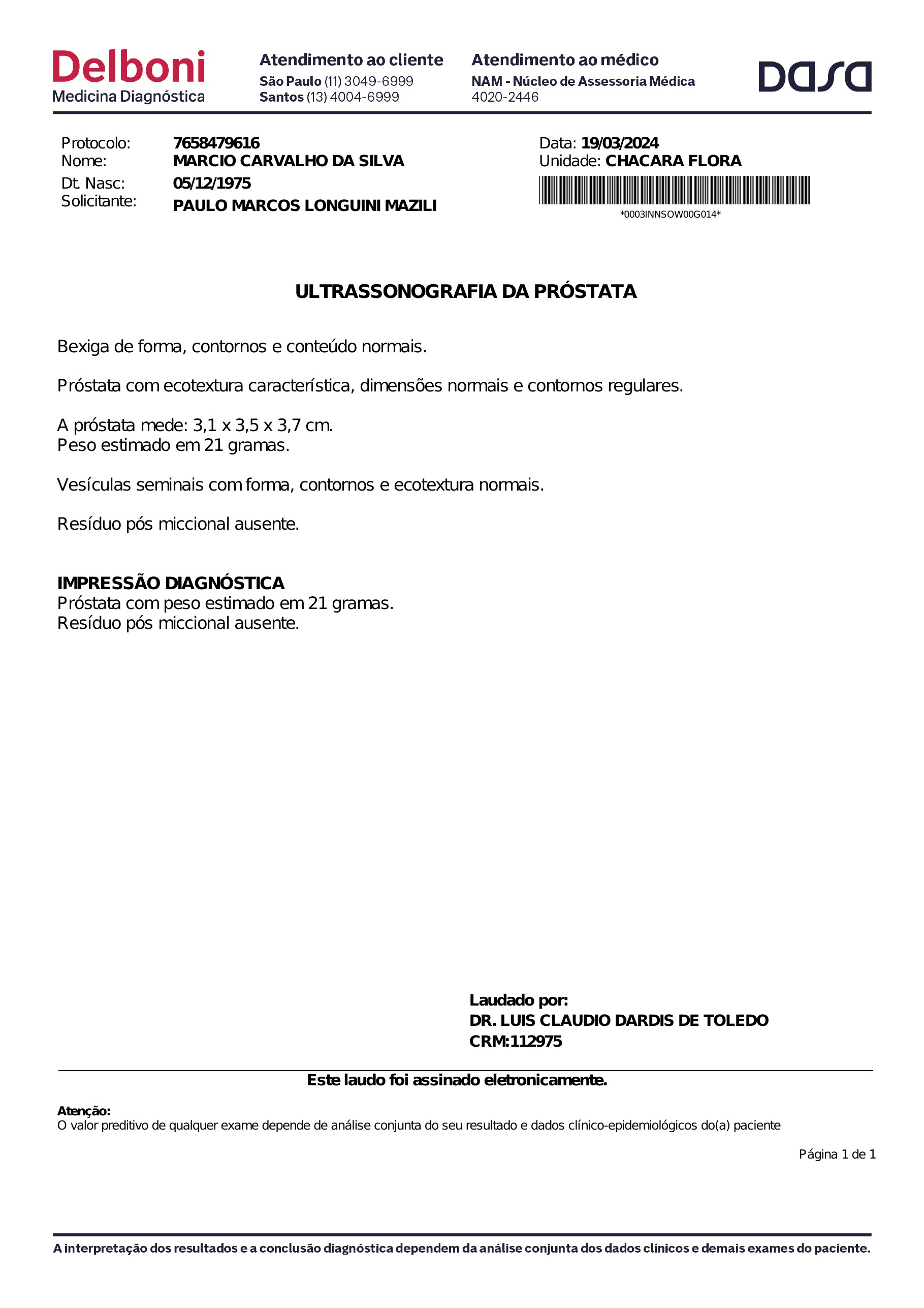 Pagina 1 de 1 do laudo Ultrassonografia da prostata