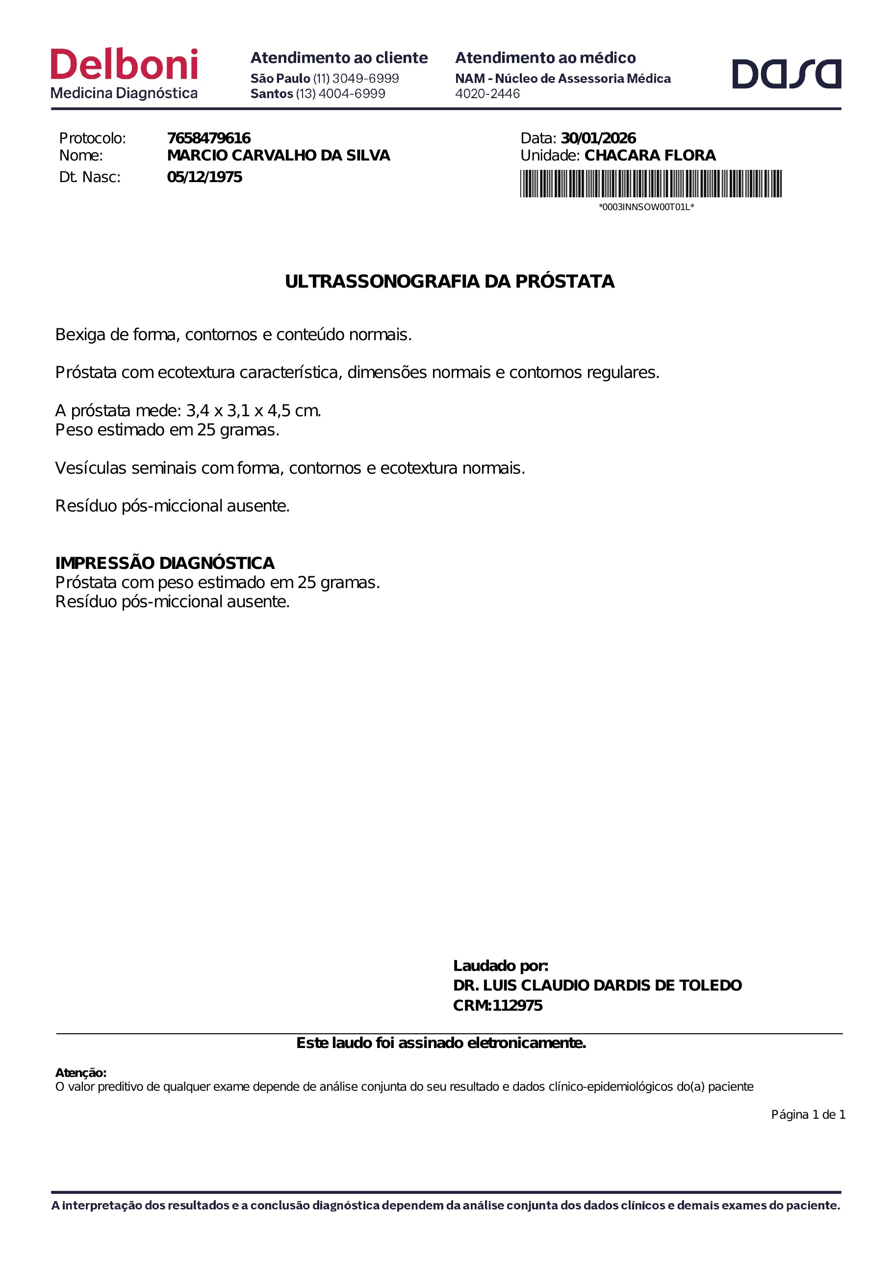 Pagina 1 de 1 do laudo Ultrassonografia da prostata