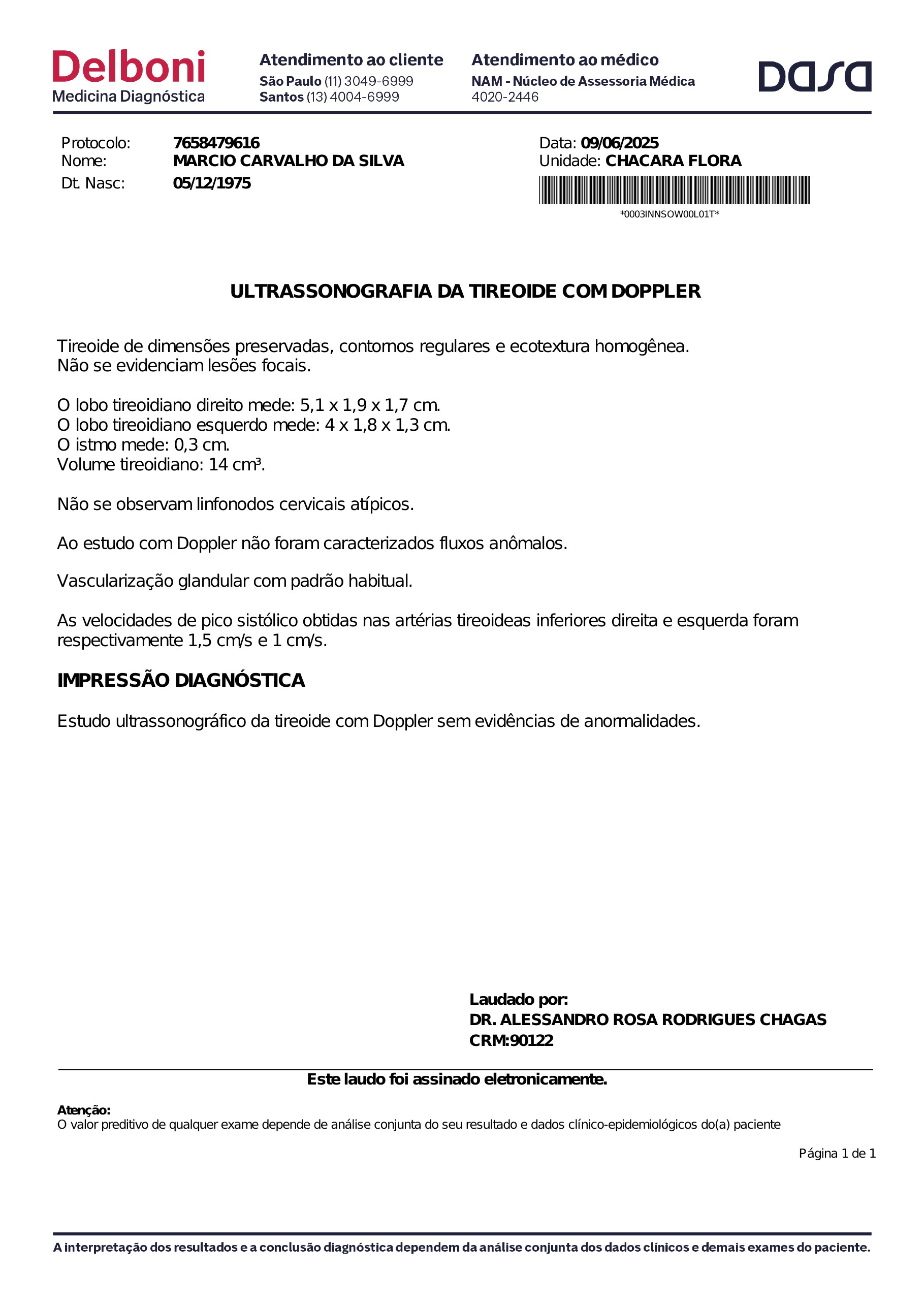 Pagina 1 de 1 do laudo Ultrassonografia da tireoide com Doppler
