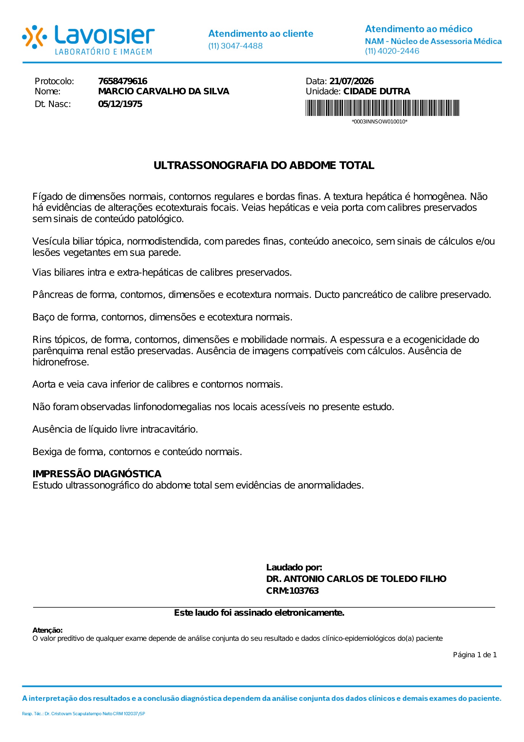 Pagina 1 de 1 do laudo Ultrassonografia do abdome total