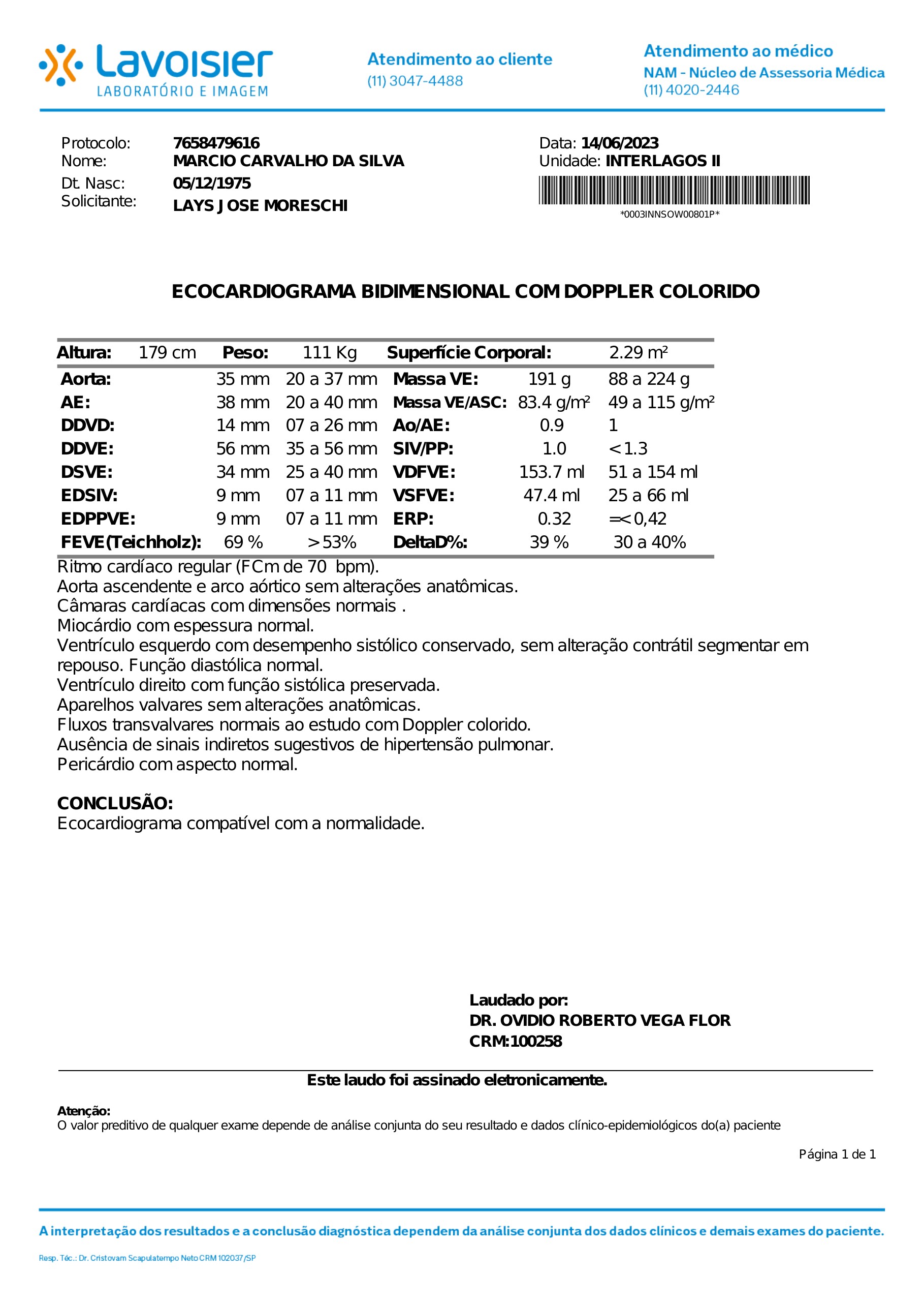 Pagina 1 de 1 do laudo Ecocardiograma com Doppler