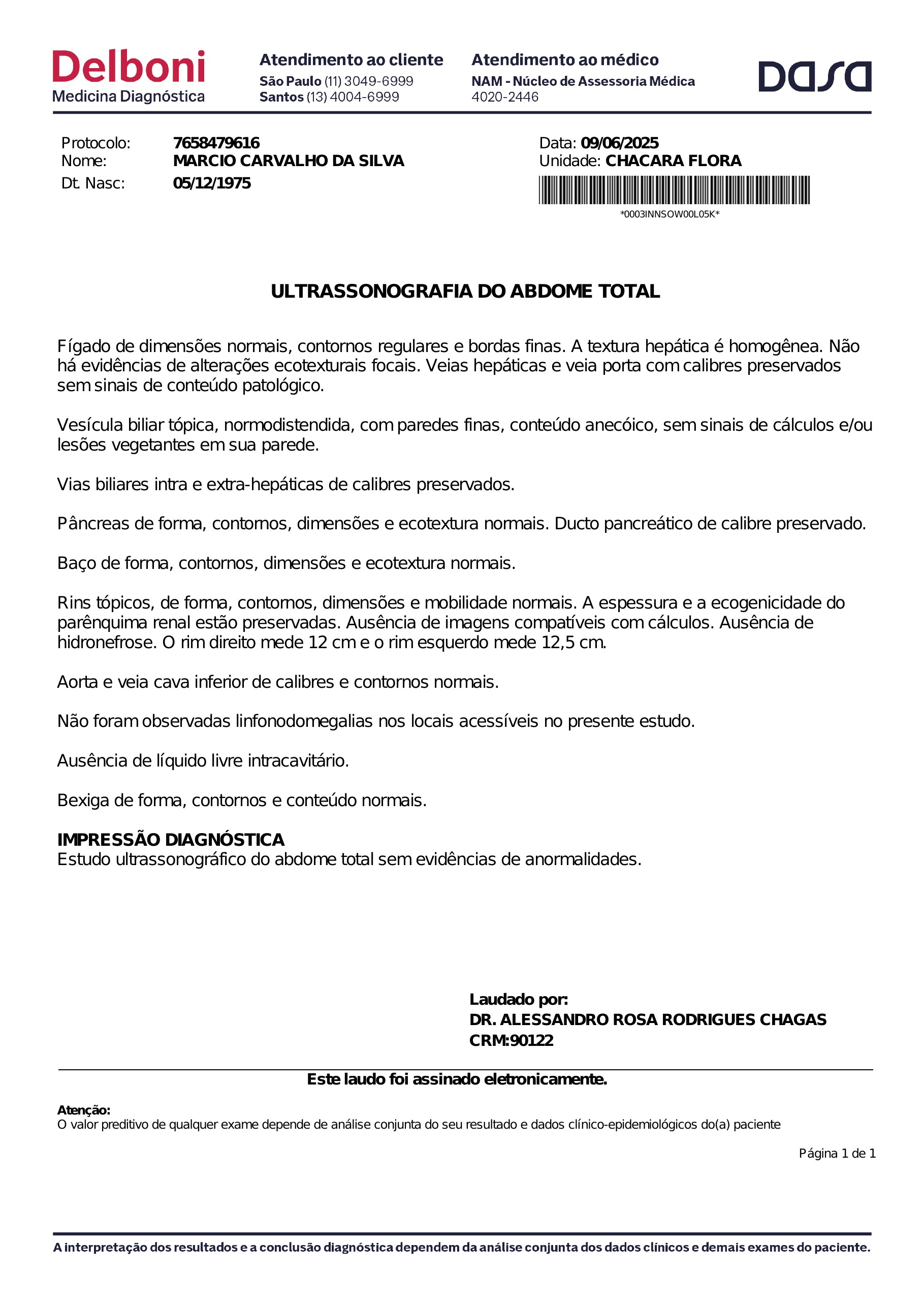 Pagina 1 de 1 do laudo Ultrassonografia do abdome total