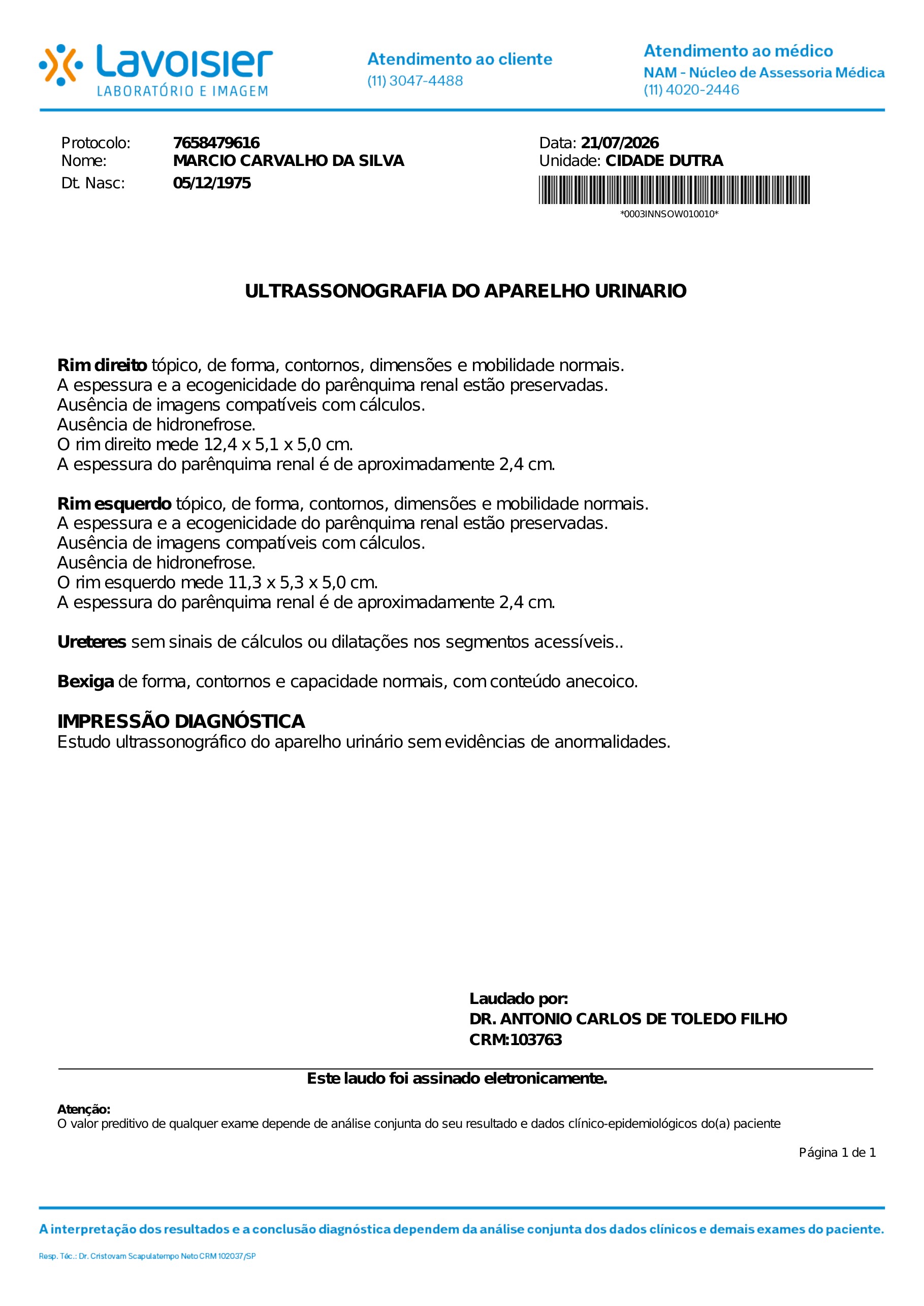 Pagina 1 de 1 do laudo Ultrassonografia do aparelho urinario