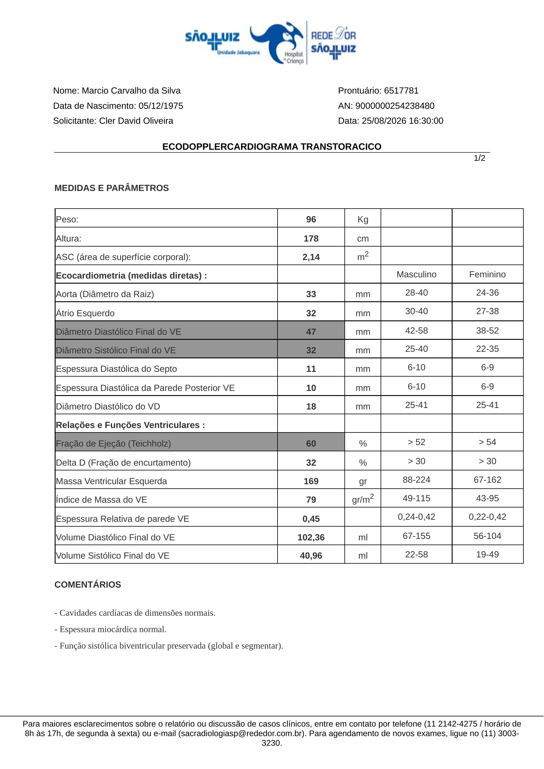 Pagina 1 de 2 do laudo Ecocardiograma transtoracico