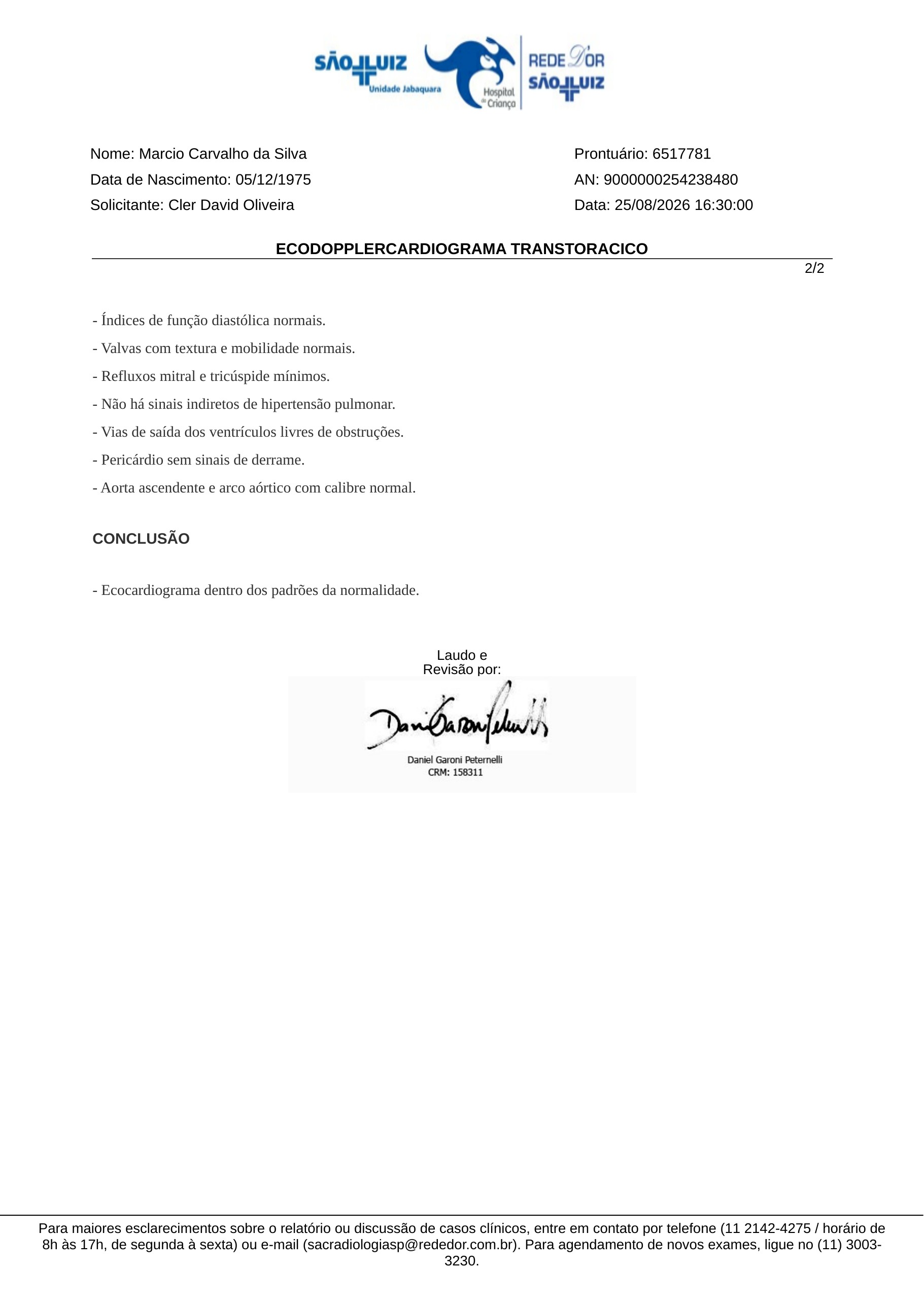 Pagina 2 de 2 do laudo Ecocardiograma transtoracico