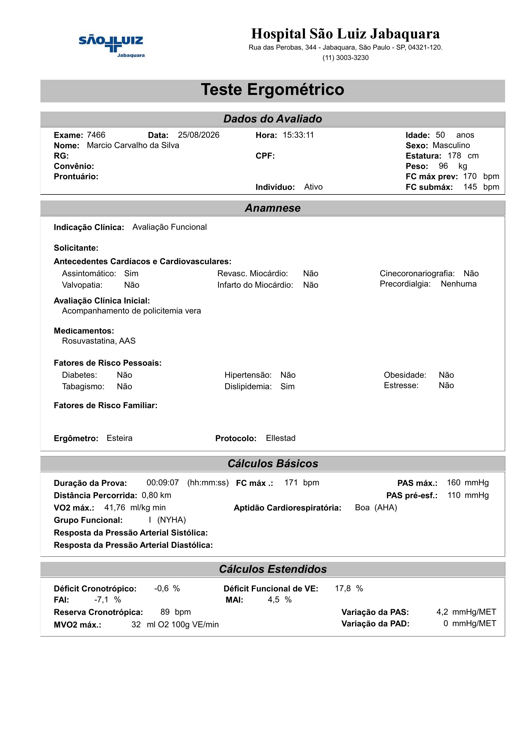 Pagina 1 de 16 do laudo Teste ergometrico em esteira