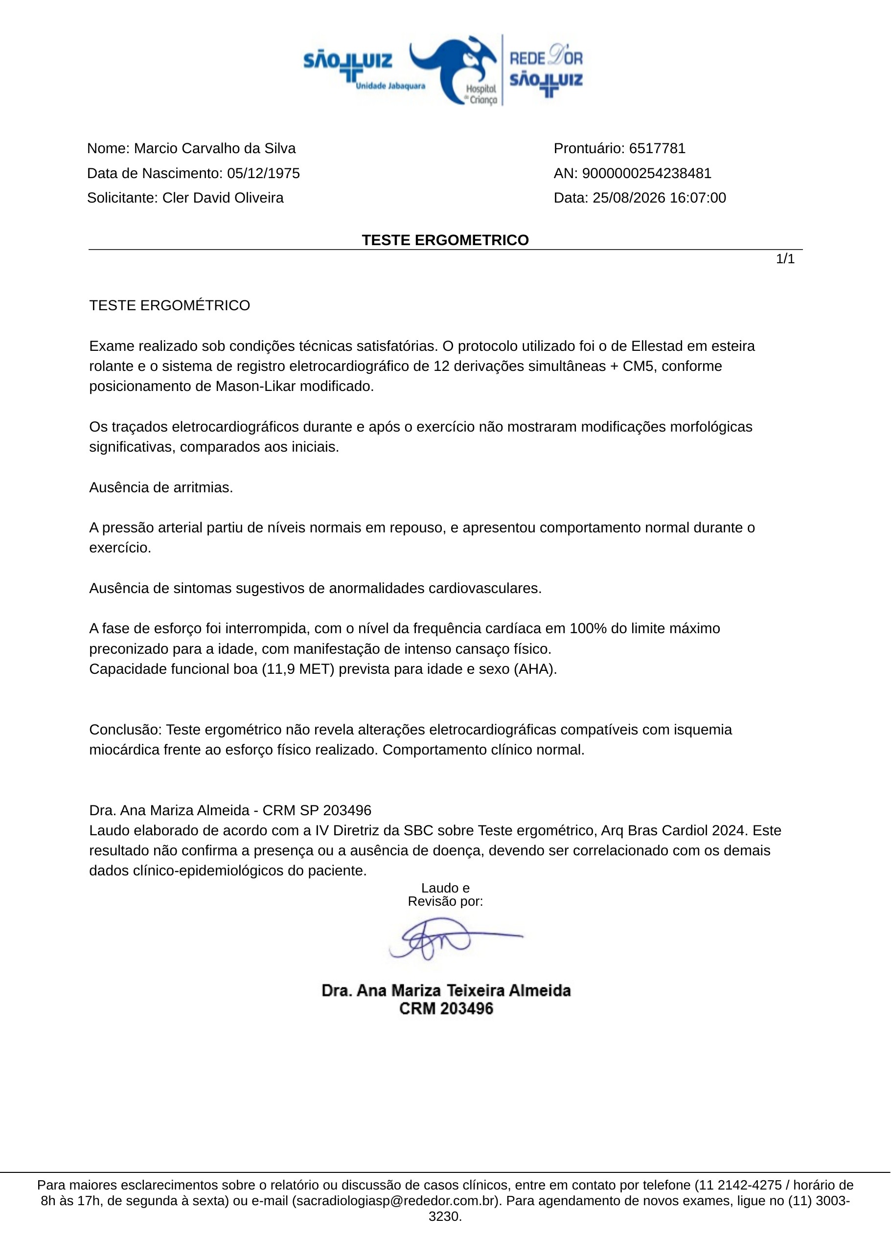 Pagina 16 de 16 do laudo Teste ergometrico em esteira