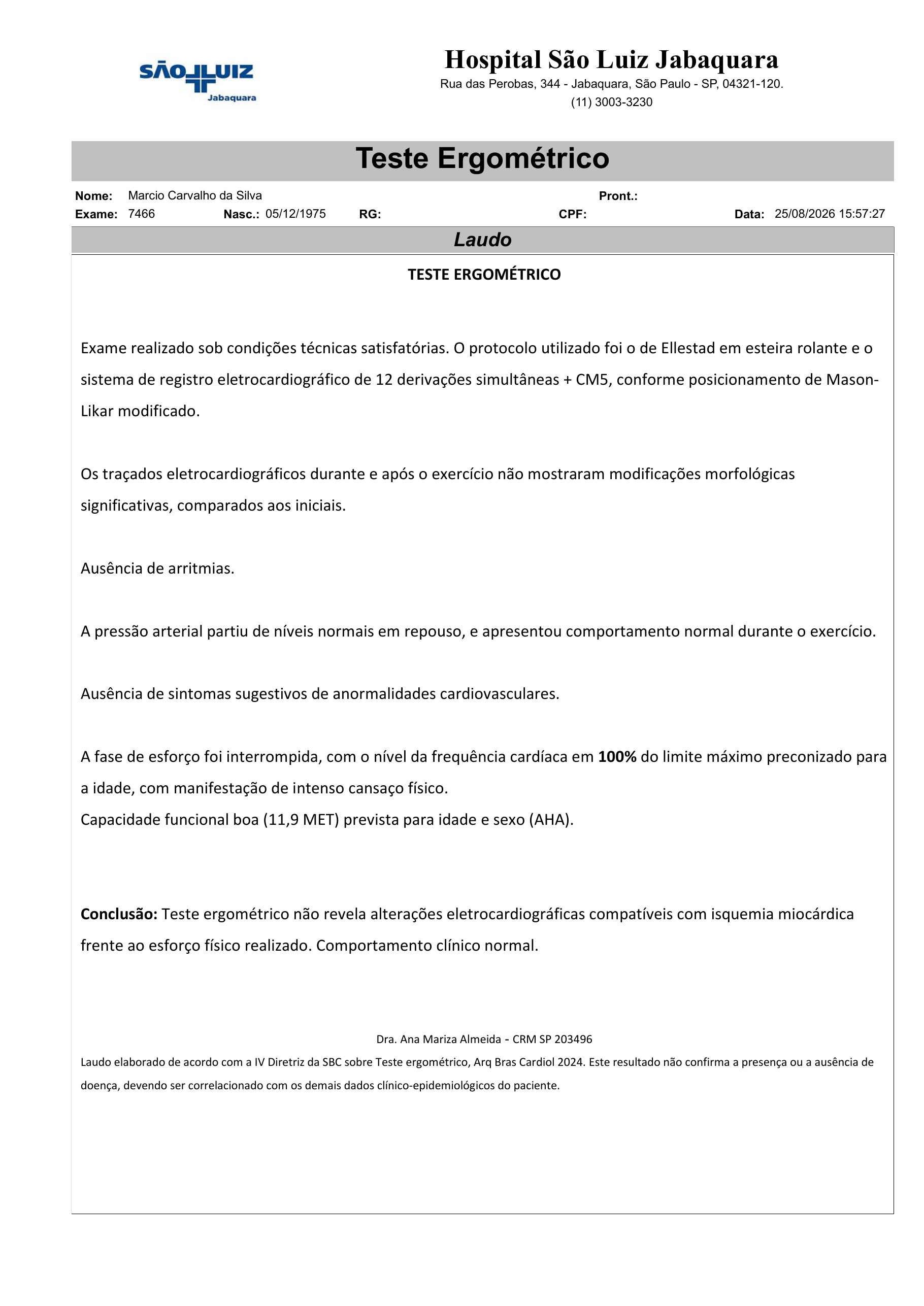Pagina 3 de 16 do laudo Teste ergometrico em esteira