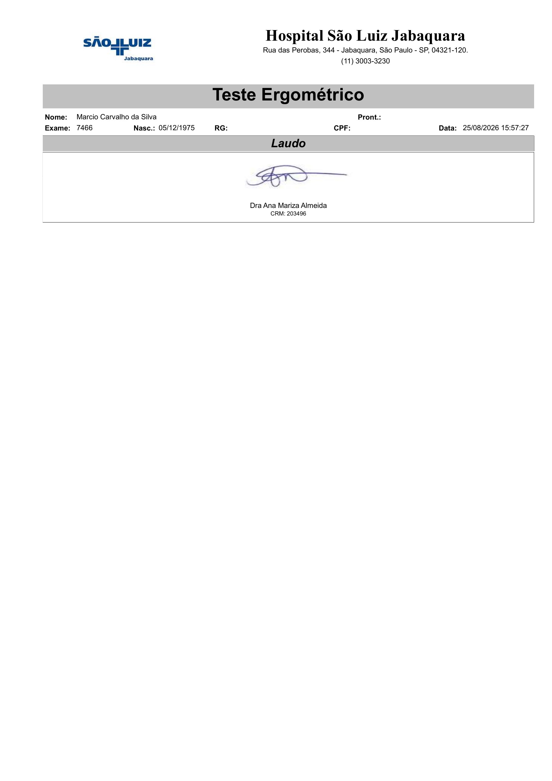 Pagina 4 de 16 do laudo Teste ergometrico em esteira