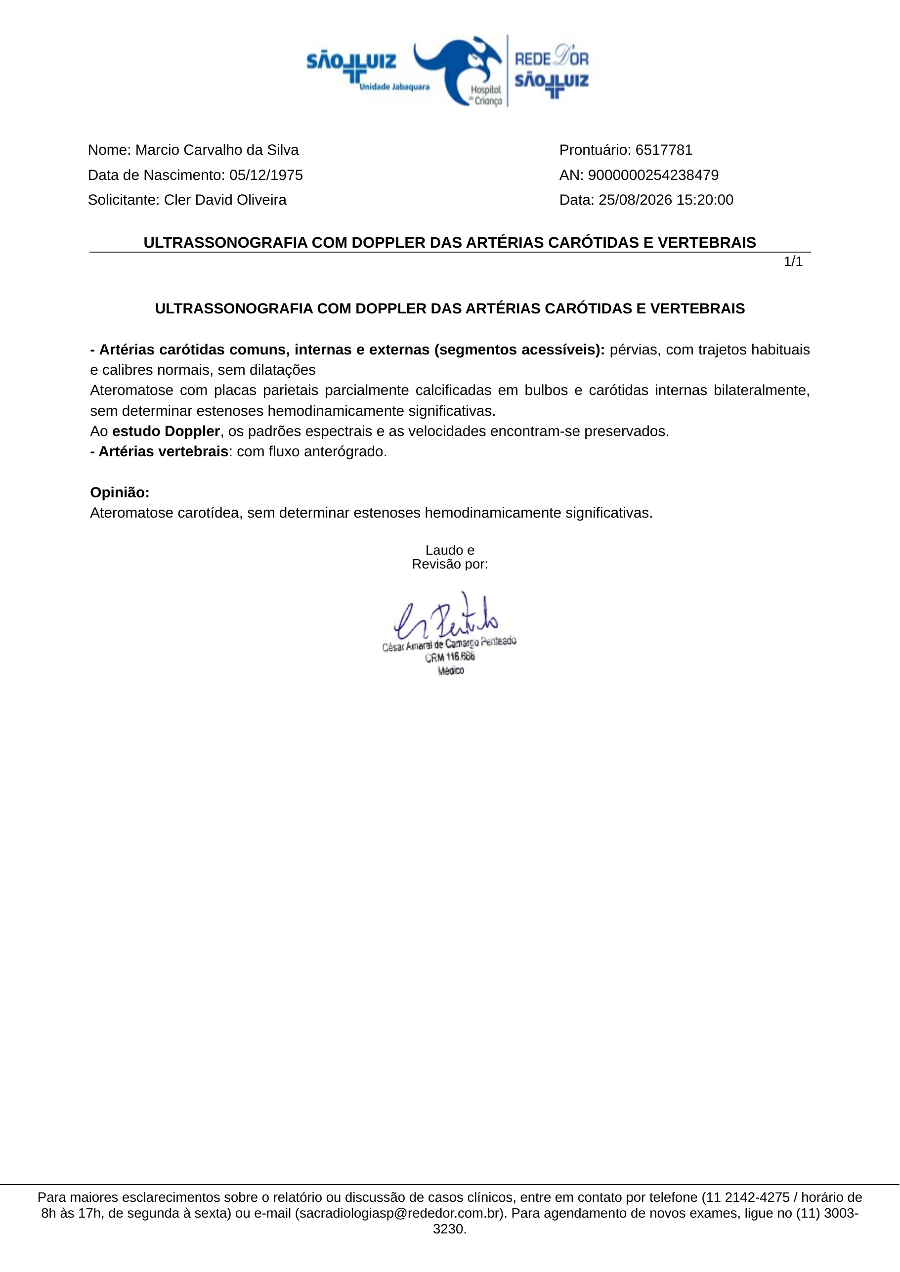 Pagina 1 de 1 do laudo Doppler de carotidas e vertebrais