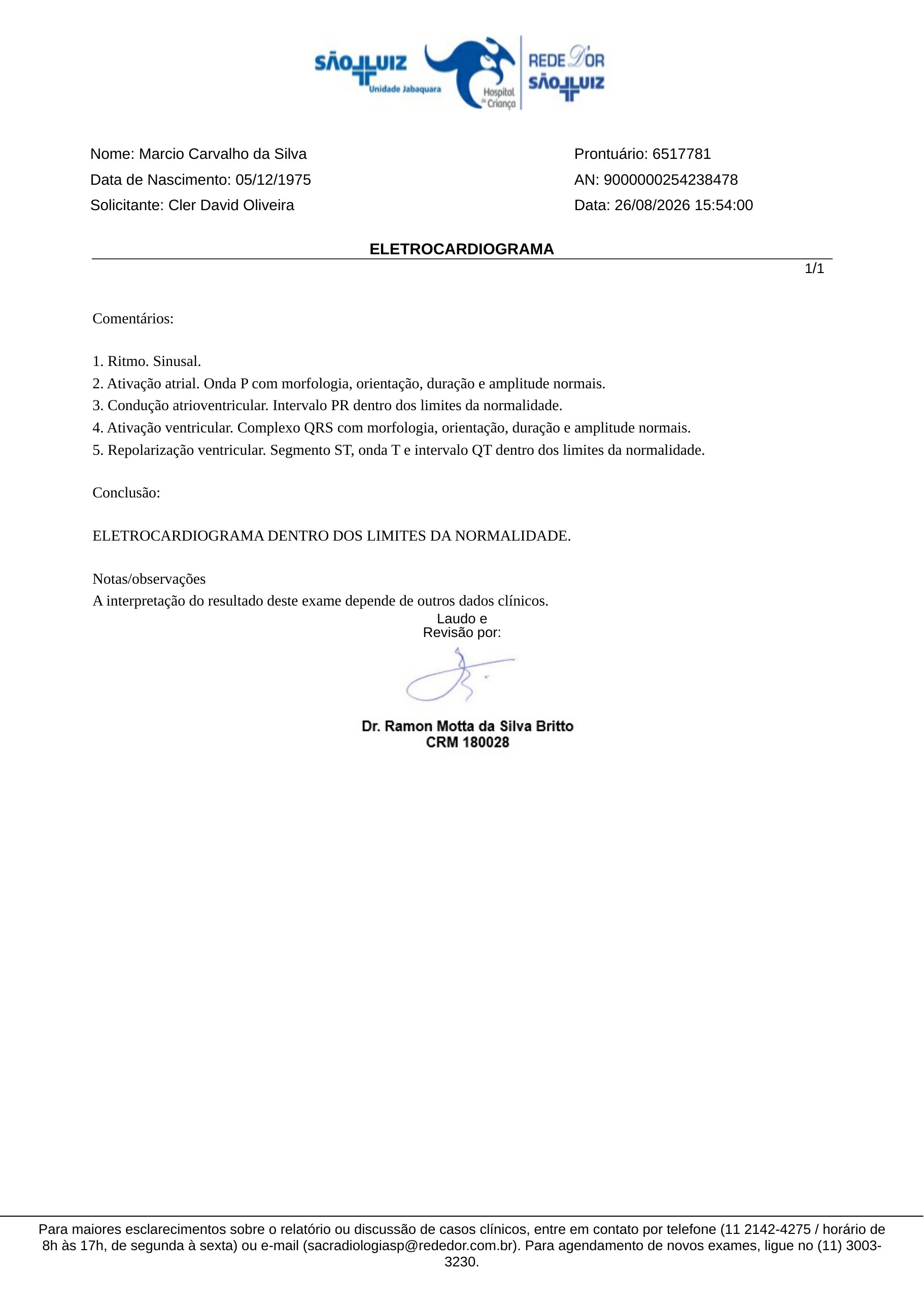 Pagina 1 de 2 do laudo Eletrocardiograma de repouso