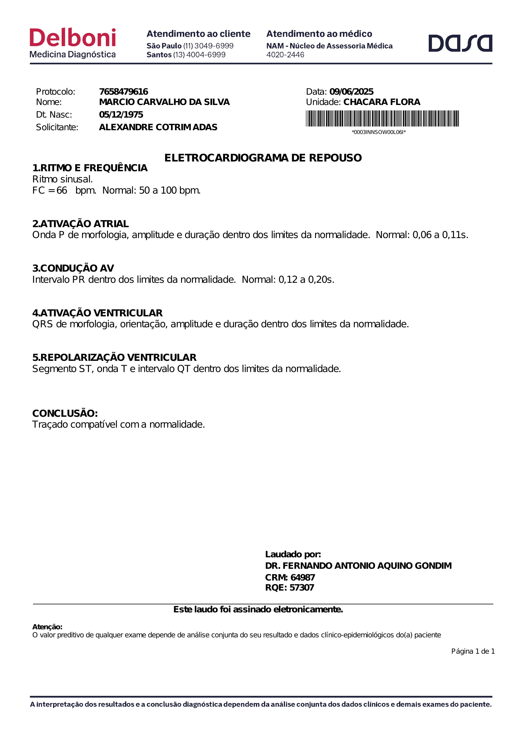 Pagina 1 de 2 do laudo Eletrocardiograma de repouso