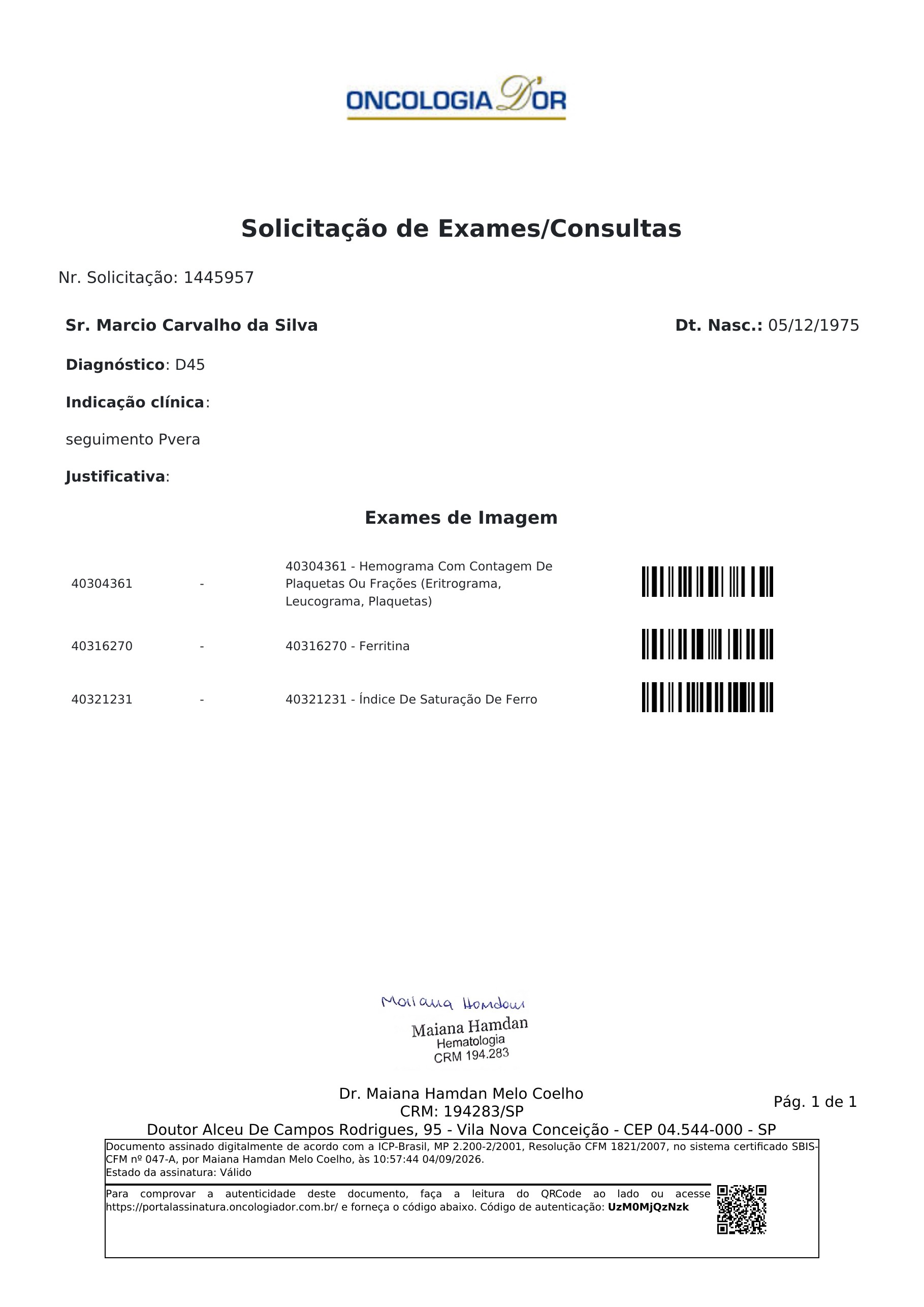Pagina 1 de 1 do laudo Consulta - Hematologia