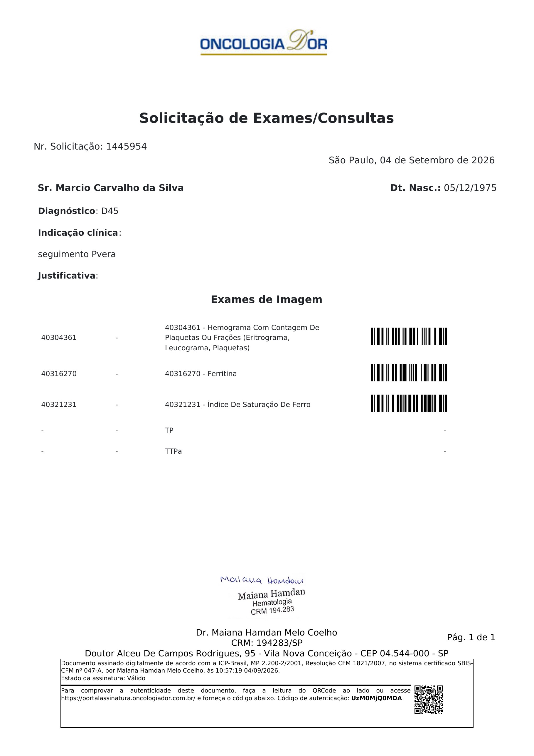 Pagina 1 de 1 do laudo Consulta - Hematologia