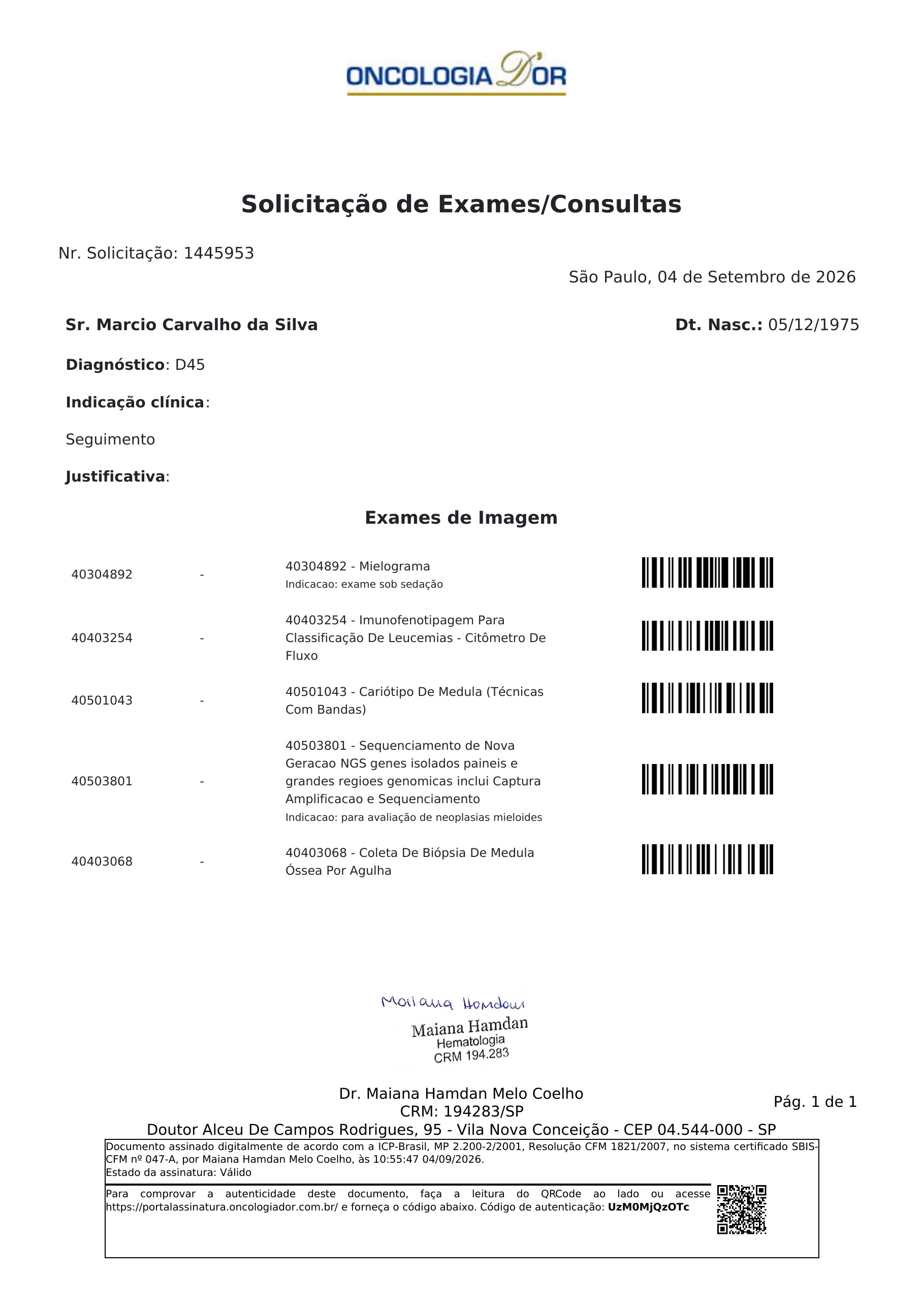 Pagina 1 de 1 do laudo Consulta - Hematologia
