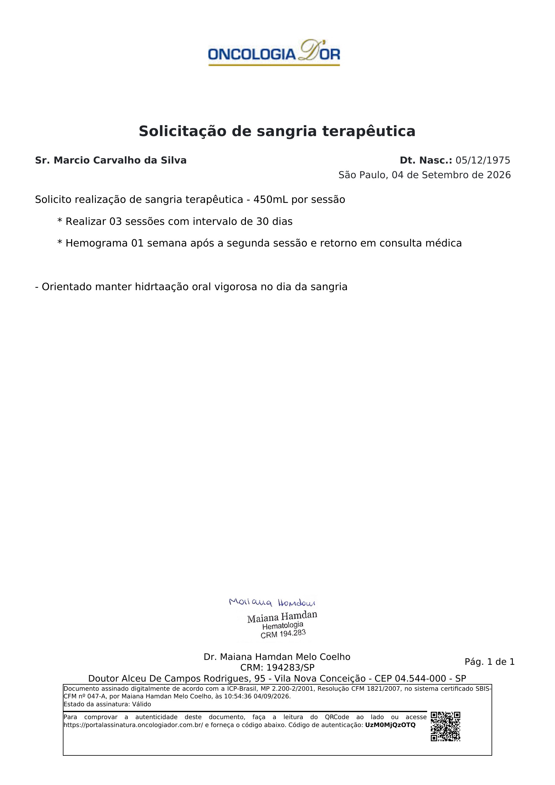 Pagina 1 de 1 do laudo Consulta - Hematologia