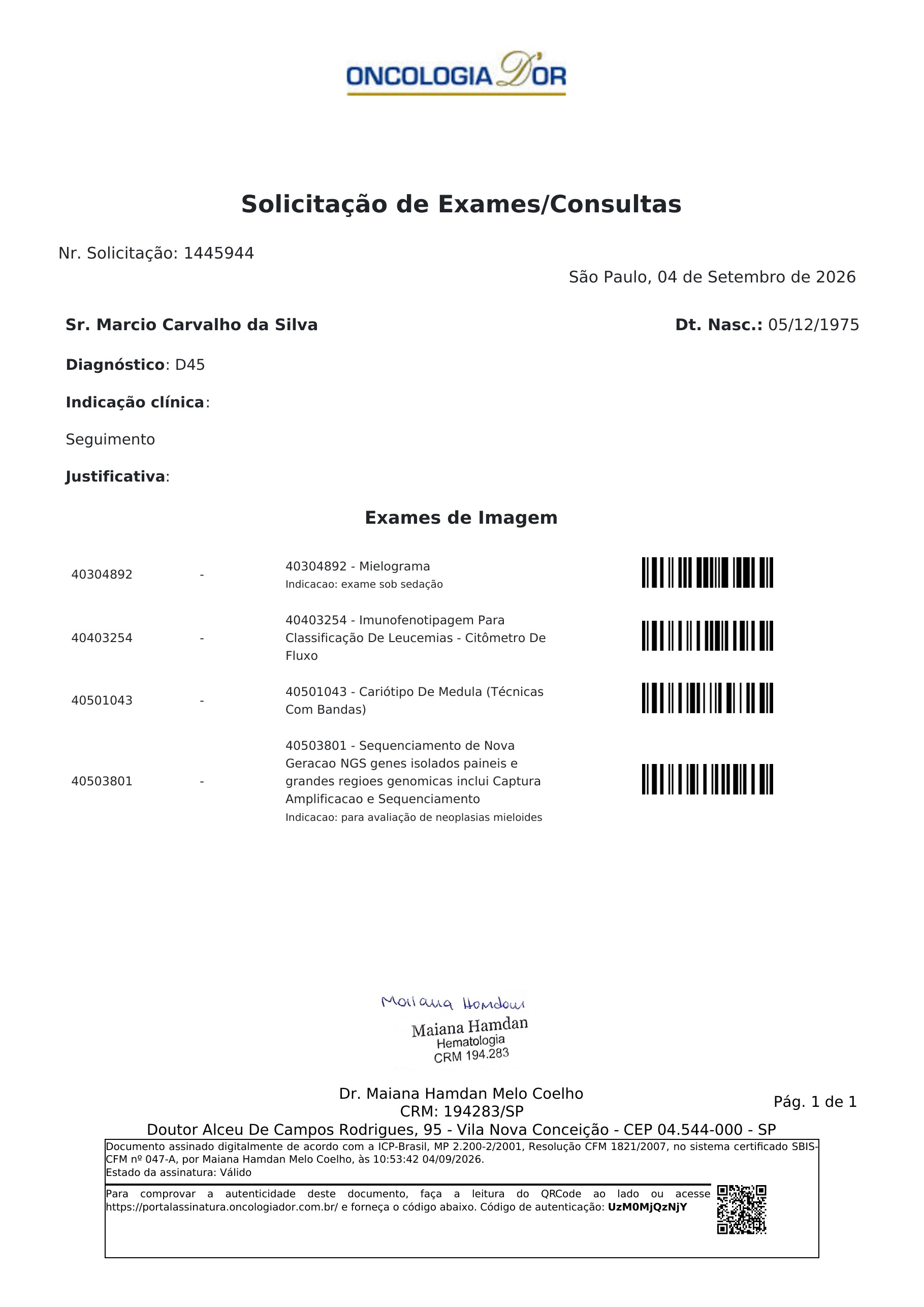 Pagina 1 de 1 do laudo Consulta - Hematologia