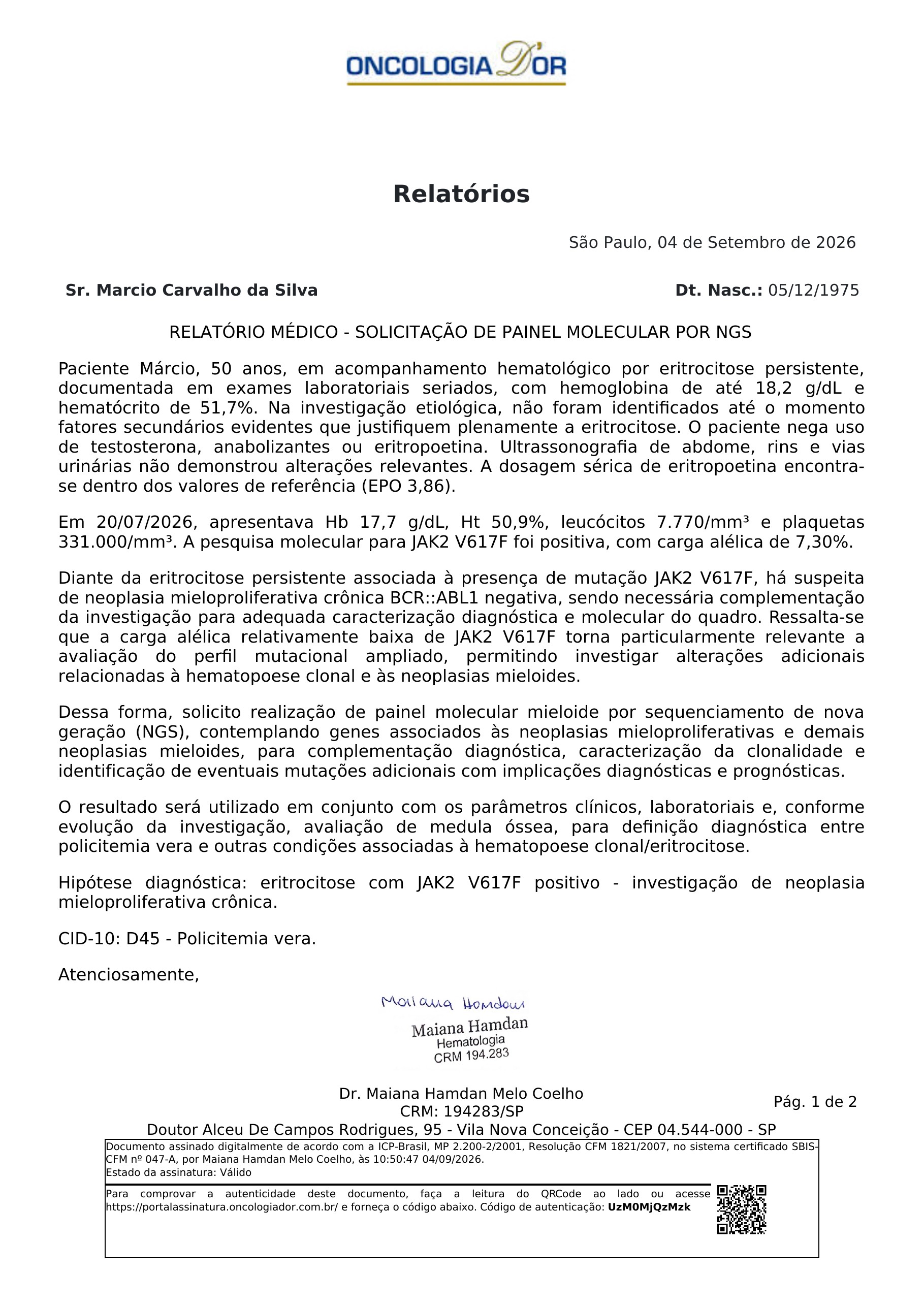 Pagina 1 de 2 do laudo Consulta - Hematologia