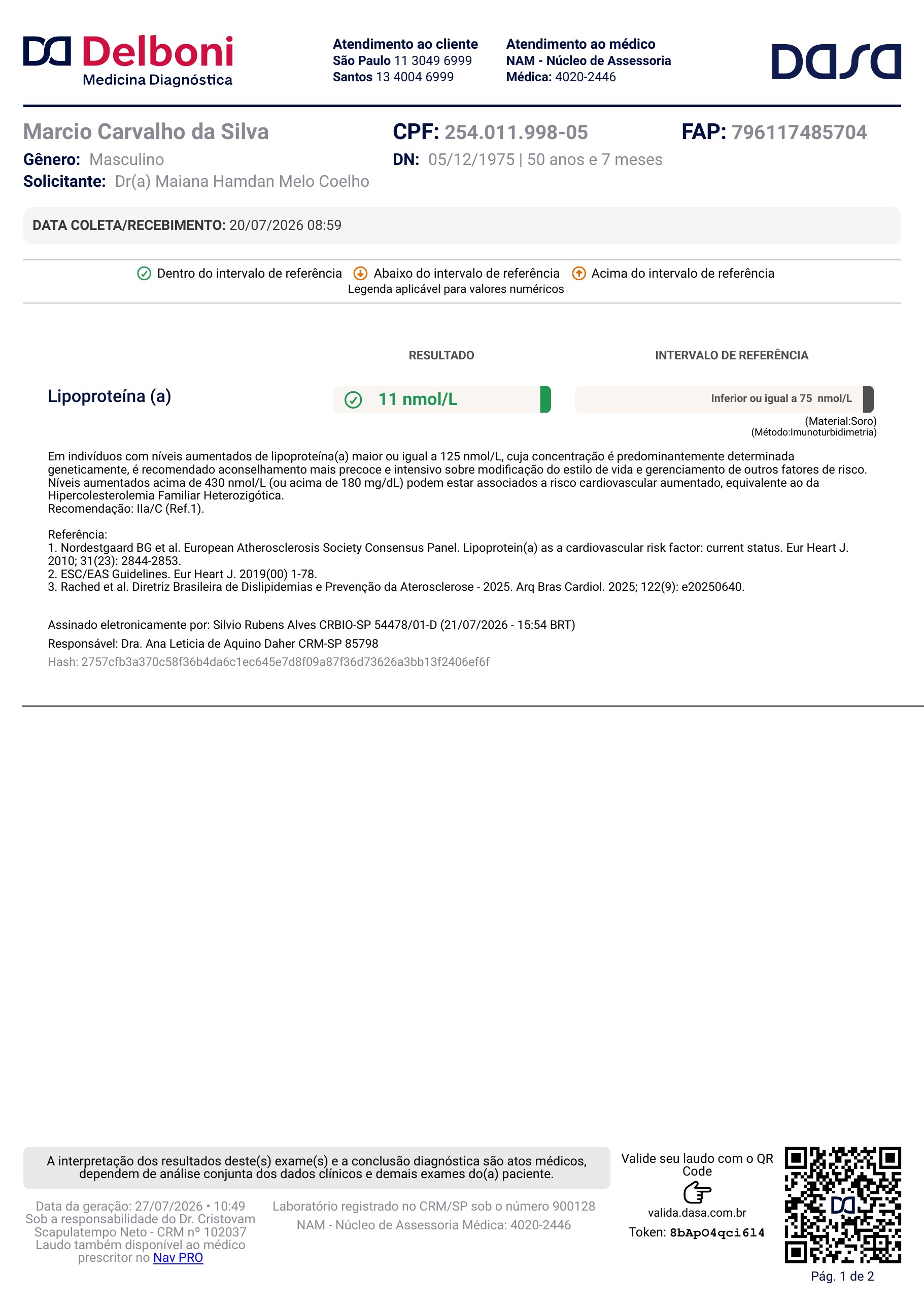 Pagina 1 de 1 do laudo Lipoproteina (a)