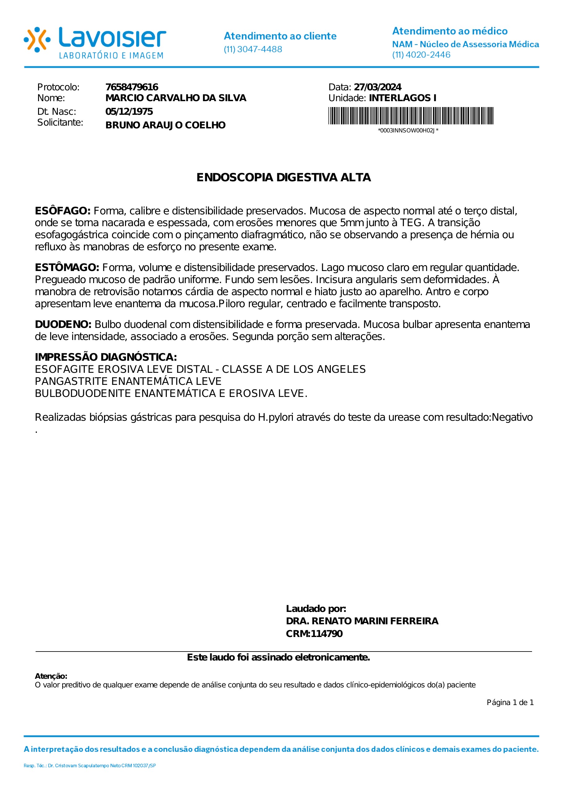 Pagina 1 de 1 do laudo Endoscopia digestiva alta