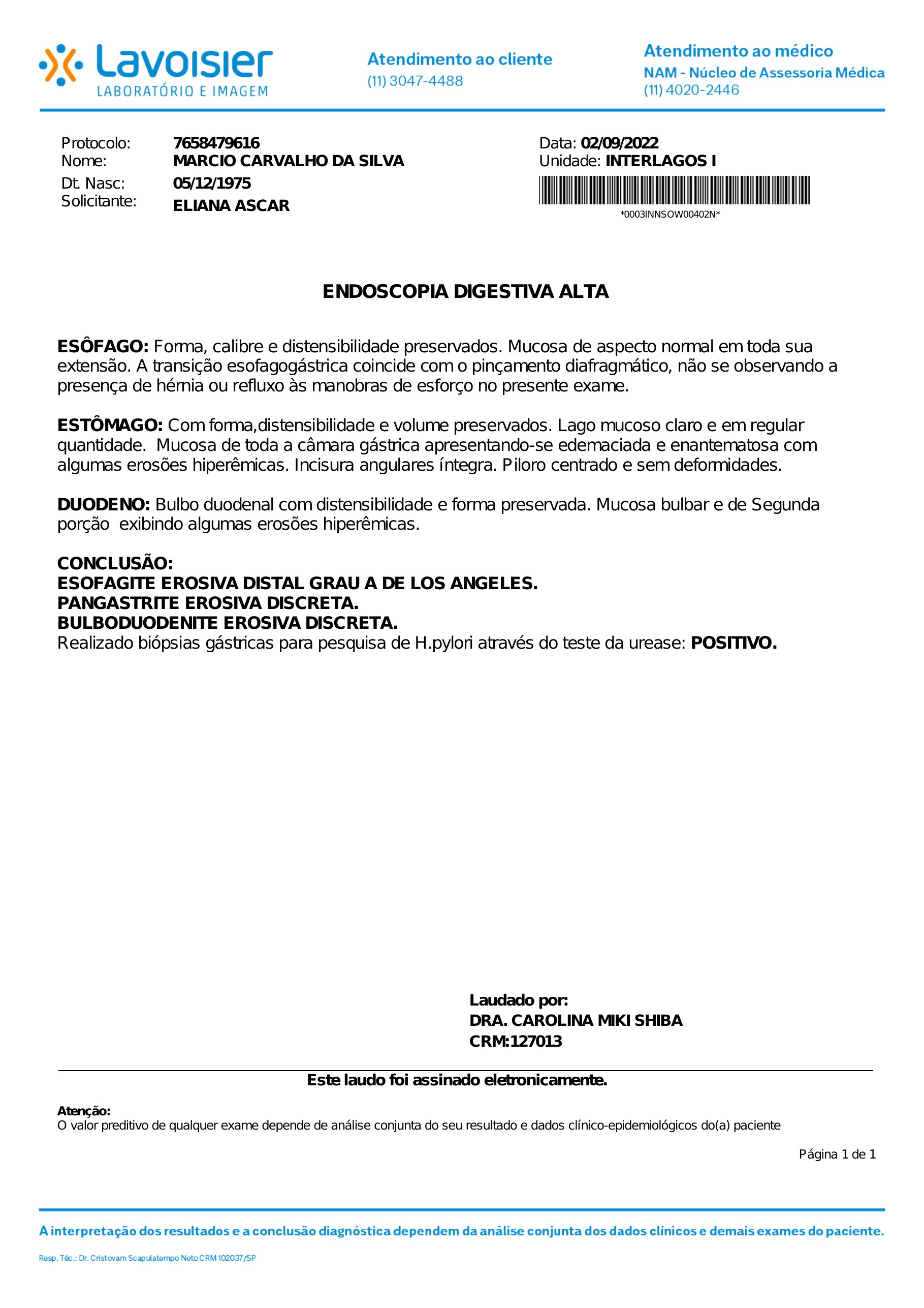 Pagina 1 de 1 do laudo Endoscopia digestiva alta